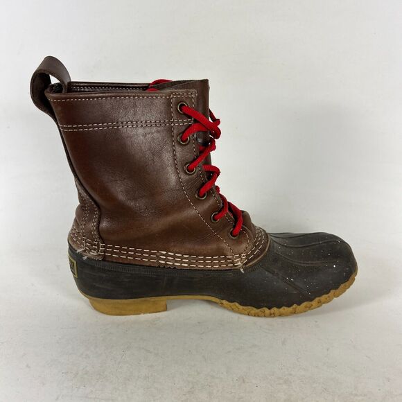 L.L.Bean Women's 7 Brown Buffalo Leather Lace-Up Mid Calf Round Toe Duck Boots - Picture 3 of 9